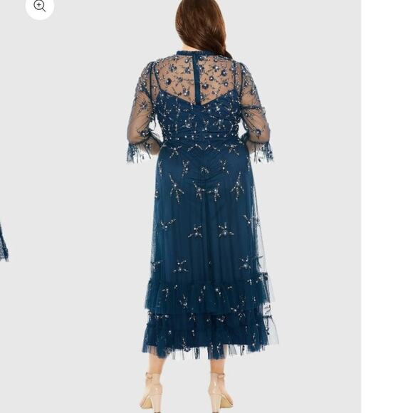 Mac Duggal 9263 Navy Ocean Blue Embellished Flutter Sleeve High Neck Gown 16W - Picture 6 of 9